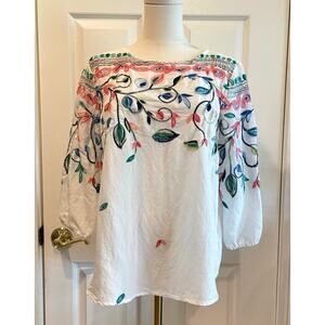 Anthropologie Kindred Embroidered Woven Peasant Blouse Boho Top Size L